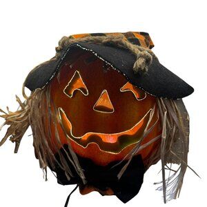 Halloween Pumpkin LED Light-Up Jack-O-Lantern With Straw Hat & Checkered Hat Dec